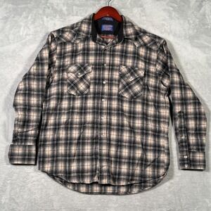 Pendleton Shirt Mens Large Gray Black Plaid‎ 100% Virgin Wool Western Pearl Snap